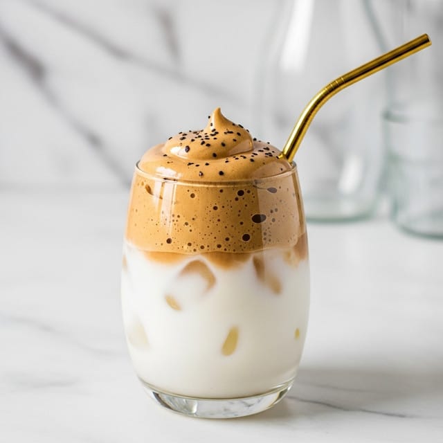 A glass filled with two layers of drink on a white marbled surface, the bottom layer is milky white with ice cubes floating inside, and the top layer is a thick, smooth, frothy coffee foam with small dark specks scattered over it. A shiny golden metal straw is inserted into the foam near the right edge of the glass. The background is softly blurred with a white marbled texture and some glass objects slightly visible behind the drink. photo taken with an iphone --ar 4:5 --v 7