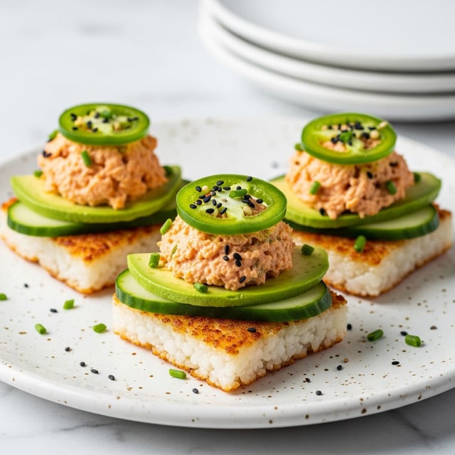 The image shows three small square rice cakes with a crispy golden-brown bottom layer and a soft white top layer, arranged on a white speckled plate. On top of each rice cake, there are thin, light green slices of avocado and cucumber placed diagonally. Above the avocado layer, there is a creamy, orange-colored mixture, likely spicy tuna, shaped into a small mound. Each mound is topped with a thin, round, bright green slice of jalapeño pepper, sprinkled with black sesame seeds and tiny green chive pieces. The setting has a white marbled texture surface in the background with a soft focus on stacked white plates. photo taken with an iphone --ar 4:5 --v 7