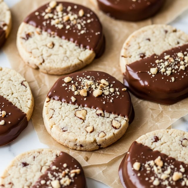 The image shows several round shortbread cookies with a slightly rough texture and small nut pieces mixed inside. Each cookie is partially dipped in smooth, shiny milk chocolate covering about half of the top surface, and this chocolate section is sprinkled with small bits of crushed nuts. The cookies sit on crinkled light brown parchment paper, placed on a white marbled texture surface. The lighting highlights the creamy beige color of the cookie dough and the rich brown of the chocolate, making the texture and toppings clear. Photo taken with an iphone --ar 4:5 --v 7