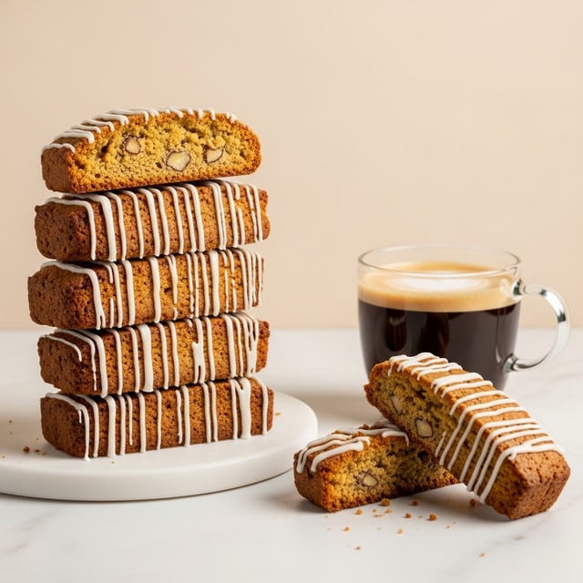 A stack of five thick, rectangular slices of biscotti bread is shown on a white marbled surface, each slice light brown with a firm texture and drizzled with thin white icing lines running vertically across the top and sides. One slice is slightly tilted open near the top, showing a golden, crumbly inside with a sparse nut or fruit piece visible. To the right, two smaller broken pieces of biscotti with the same icing drizzle lie next to a clear cup filled with dark coffee and a creamy light brown foam on top. The background is a soft beige shade. Photo taken with an iphone --ar 4:5 --v 7