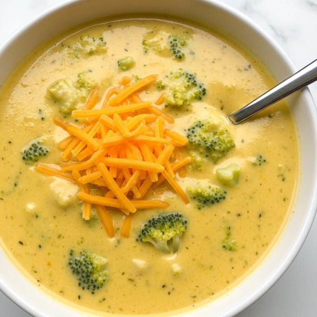 A close-up view of creamy broccoli cheese soup served in a white bowl. The dish has a thick texture with visible small broccoli florets scattered throughout a smooth yellow-orange cheese base. On top, there is a small pile of shredded bright orange cheddar cheese adding a fresh layer. A shiny metal spoon rests inside the bowl on the right side, partially submerged in the soup. The white marbled background keeps the focus on the rich, creamy soup. photo taken with an iphone --ar 4:5 --v 7