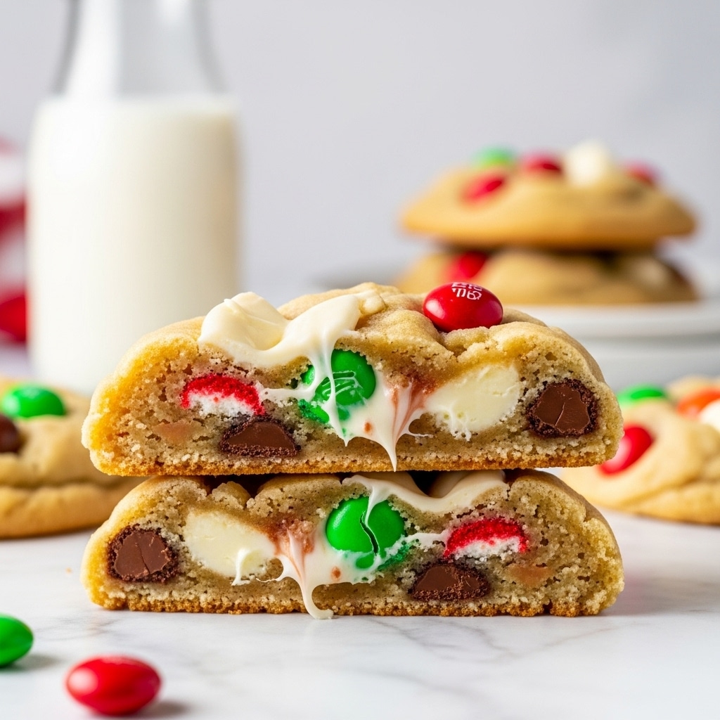 A stack of two thick cookie halves is shown close up on a white marbled surface. The cookie dough is light golden brown and soft with visible melted white chocolate chunks and red, green, and brown candy-coated chocolate pieces embedded inside. The top cookie half has some white chocolate melting out and the candy pieces have bright, shiny colors. In the blurred background, there is a clear glass bottle of white milk and some more cookies stacked on a white plate. The overall feel is cozy and sweet with a focus on the cookie texture and candy colors. Photo taken with an iphone --ar 4:5 --v 7