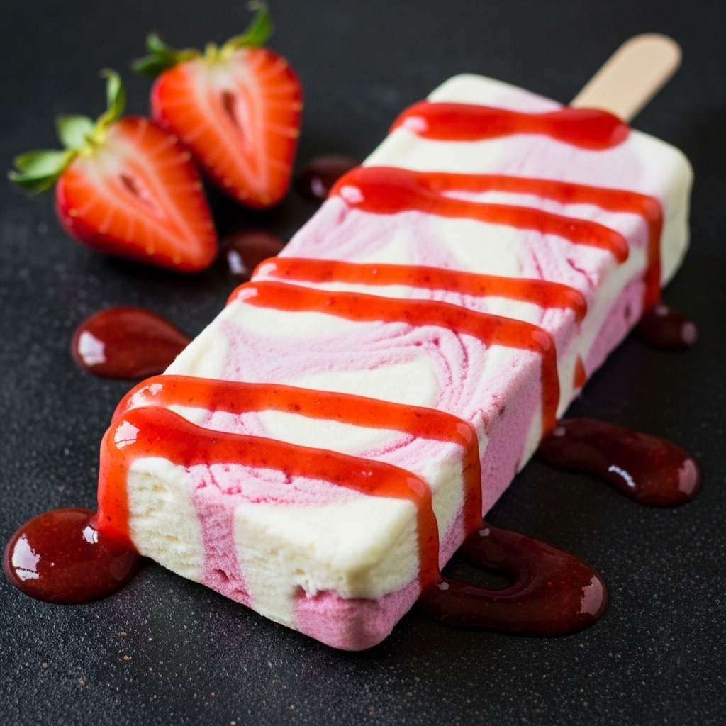 A rectangular piece of white and pink strawberry ice cream bar with swirled layers of creamy white and pink is placed on a dark surface. Bright red strawberry sauce is drizzled in thick lines across the ice cream and around it. Two halved strawberries with green tops are placed near the ice cream bar, adding fresh red and white colors. The texture of the ice cream looks soft and creamy, while the sauce shines with a smooth and thick look. The surface is dark with a slight rough texture that contrasts with the ice cream and sauce. photo taken with an iphone --ar 4:5 --v 7