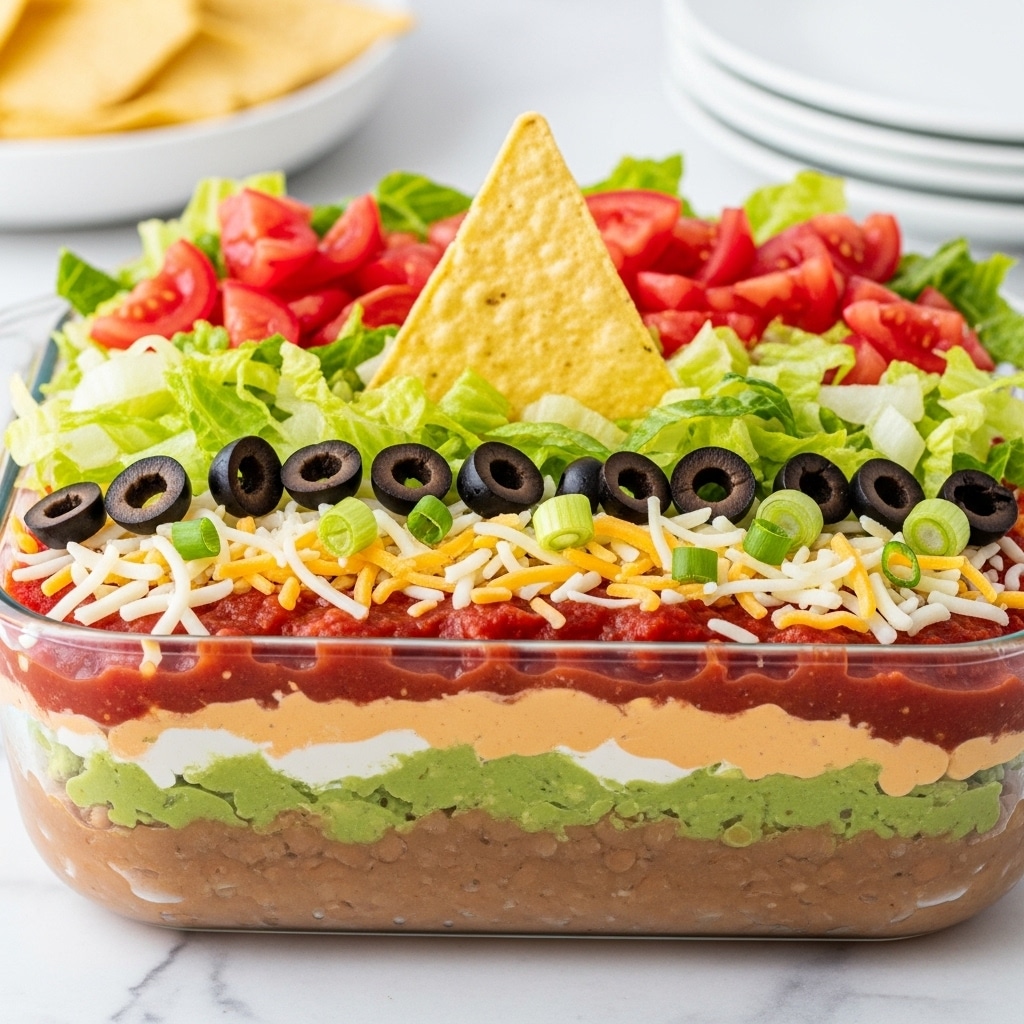 A clear glass dish shows a seven-layer dip with a large triangular chip standing upright in the middle. The bottom layer looks creamy and beige, likely refried beans, topped by a layer of green guacamole. Above this is a light orange creamy layer, possibly a cheese or sour cream mix, covered by a bright red salsa layer. Next is a sprinkling of shredded white and yellow cheese, then a layer of chopped green onions and black olive slices. The top layer is a mix of fresh, chopped lettuce and red tomatoes, creating a colorful, fresh look. The dish sits on a white marbled surface, with blurred white plates and tortilla chips in the background. Photo taken with an iphone --ar 4:5 --v 7