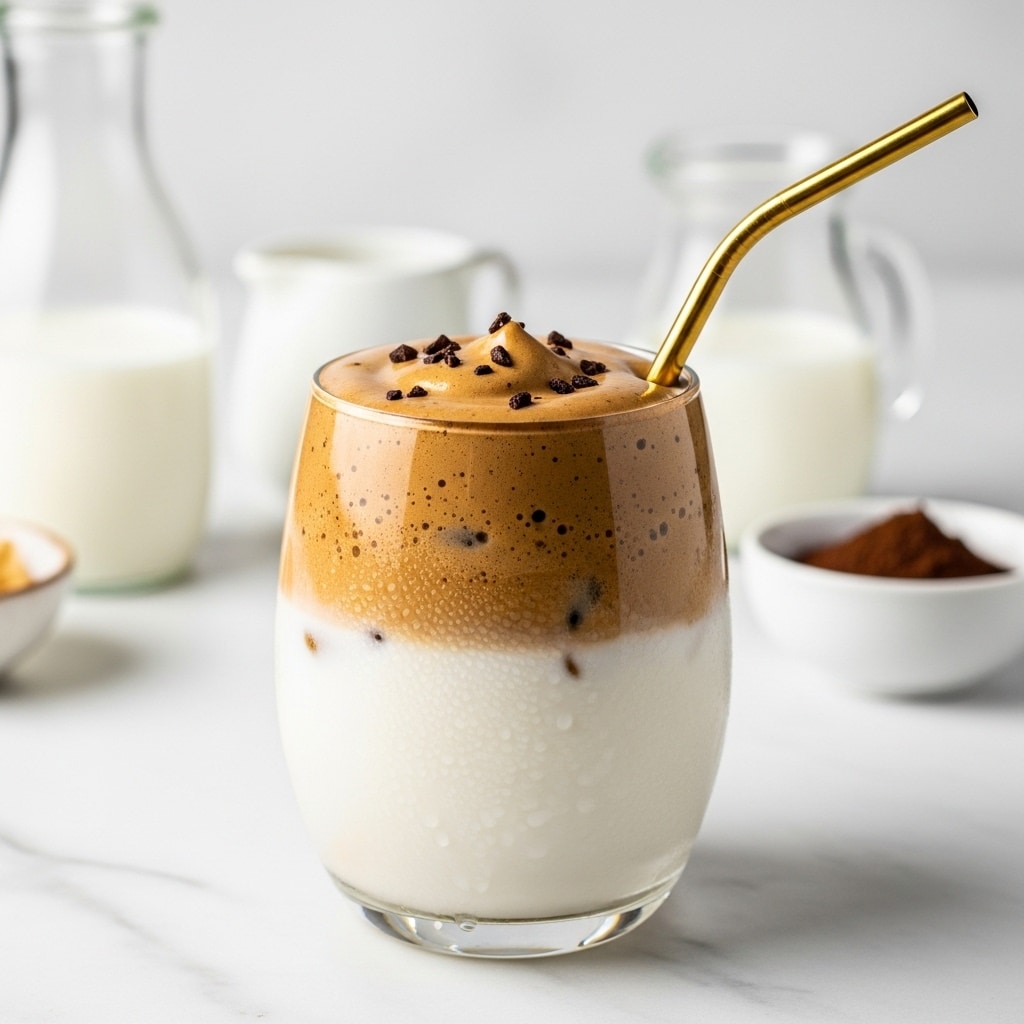 A clear glass cup sits on a white marbled surface filled with a two-layer drink. The bottom layer is a smooth, cold white milk with tiny droplets of condensation on the glass. On top, there is a thick, rich brown coffee foam that looks creamy and slightly glossy with small dark coffee bits scattered on its surface. A gold metallic straw is dipped into the foam on the right side. In the background, there is a glass of milk, a small white container with milk, and a small white bowl holding dark brown coffee powder. Photo taken with an iphone --ar 4:5 --v 7