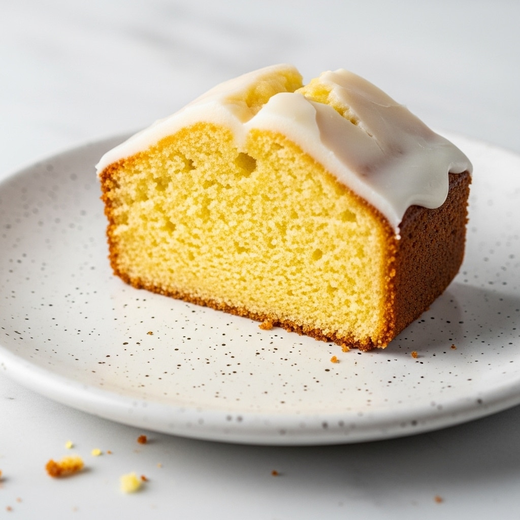 A single slice of yellow cake with a light, moist texture sits flat on a white speckled plate, its top covered with a thin, smooth layer of white icing that follows the rounded edge of the slice. The cake's crumb shows small, even air pockets throughout, and the crust is a deeper golden brown, contrasting gently with the soft cake inside. The plate rests on a white marbled surface with a few cake crumbs scattered nearby, adding a subtle natural touch to the scene. photo taken with an iphone --ar 4:5 --v 7