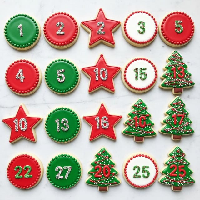 The image shows 25 decorated sugar cookies arranged neatly on a white marbled surface. The cookies come in three shapes: circles, stars, and Christmas trees. Each cookie is numbered from 1 to 25 using red, green, or white icing, with some numbers outlined or filled with colorful sprinkles. The round cookies feature smooth icing borders or dots around the edges, some with solid-colored backgrounds; the star-shaped cookies have either solid or outlined numbers with sprinkles and colored borders; the Christmas tree cookies mostly have green or red numbered icing with some decorated with sprinkles. The colors are festive with strong reds, greens, and whites, giving a bright and cheerful look. photo taken with an iphone --ar 4:5 --v 7