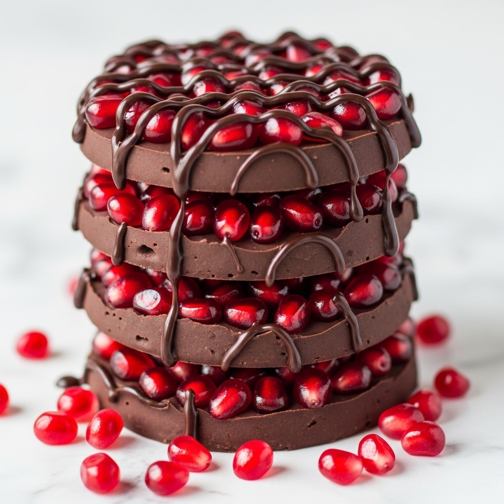 A stack of four circular chocolate discs, each disc has a rough edge and is topped with bright red pomegranate seeds that shine with a juicy texture. Dark chocolate drizzle swirls loosely over the pomegranate seeds on every layer, adding a rich and glossy contrast. The discs are stacked unevenly, creating a tall tower with some seeds spilling around the base on a white marbled surface. The overall look is a mix of smooth, shiny chocolate and vibrant, jewel-like red seeds. photo taken with an iphone --ar 4:5 --v 7