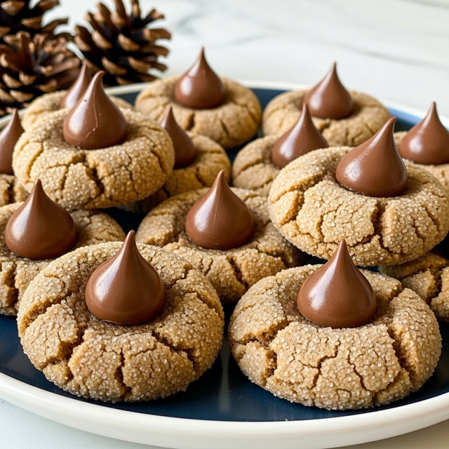 The image shows a group of round cookies with a light brown, sugar-coated base that looks slightly cracked and soft. Each cookie has a single, shiny, cone-shaped chocolate drop placed neatly in the center, creating a two-layer look with the cookie as the bottom layer and the chocolate drop as the top layer. These cookies are arranged closely on a white plate with a dark blue inner surface, and the background features a few pine cones and a white marbled texture. The photo has a warm, cozy feel with natural lighting. photo taken with an iphone --ar 4:5 --v 7