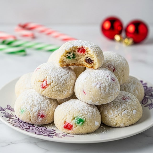 The image shows a pile of round cookies stacked in a pyramid shape on a white plate with purple floral designs, placed on a white marbled surface. Each cookie is coated thickly in white powdered sugar, giving them a soft, powdery texture. The cookies themselves are light beige and slightly crumbly, with tiny colorful bits of red, green, and brown embedded inside. One cookie sits on top with a bite taken out, revealing its dense, soft interior and small pieces of candied fruit. In the blurred background, there are red and green candy canes and two red Christmas ornaments. Photo taken with an iphone --ar 4:5 --v 7