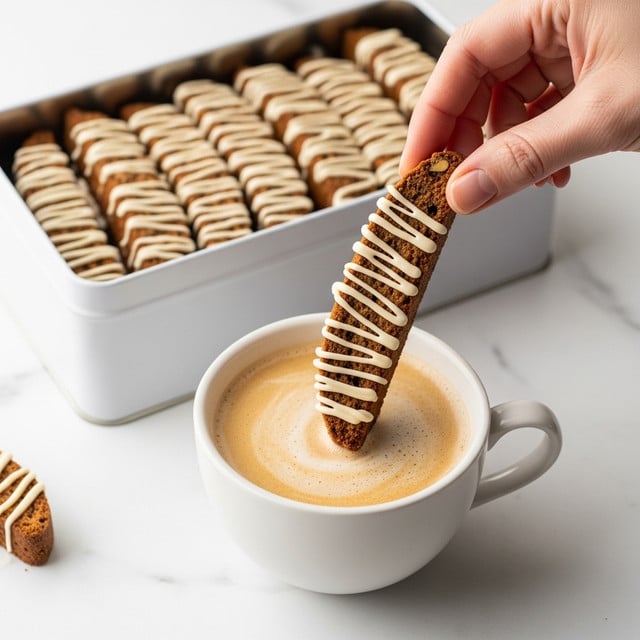 A close-up image shows a woman's hand dipping a long brown biscotti with white icing drizzled on top into a white cup filled with light brown creamy coffee. Behind the cup, there is a white rectangular tin box filled with several biscotti sticks arranged side by side, all decorated with the same white icing drizzle. The scene is set on a white marbled surface. Photo taken with an iphone --ar 4:5 --v 7