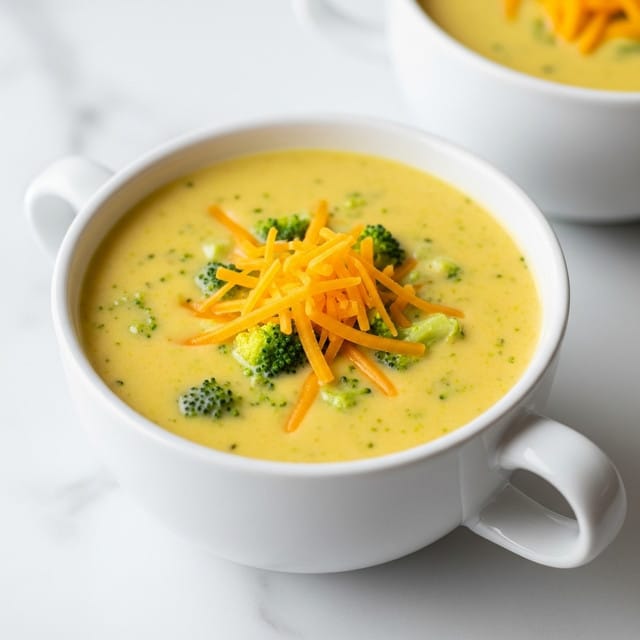 A white bowl with a handle holds creamy yellow broccoli cheddar soup, with small green broccoli pieces mixed throughout the thick soup. On top, there's a small pile of shredded orange cheddar cheese adding texture and color contrast. Behind it, part of another white bowl with the same soup is visible. Everything is set on a white marbled surface. photo taken with an iphone --ar 4:5 --v 7