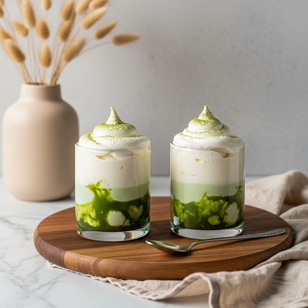 Two glass cups each hold a three-layered drink. The bottom layer is a light green drink with darker green swirls mixed in. On top of this is a creamy white layer, and the drink is topped with a thick swirl of white whipped cream sprinkled with green powder. The cups sit side by side on a round wooden board, which rests on a soft beige cloth that is laid over a white marbled surface. In the background, there is a beige vase with dried beige flowers against a textured light gray wall. A small silver spoon lies on the wooden board next to the cups. photo taken with an iphone --ar 4:5 --v 7