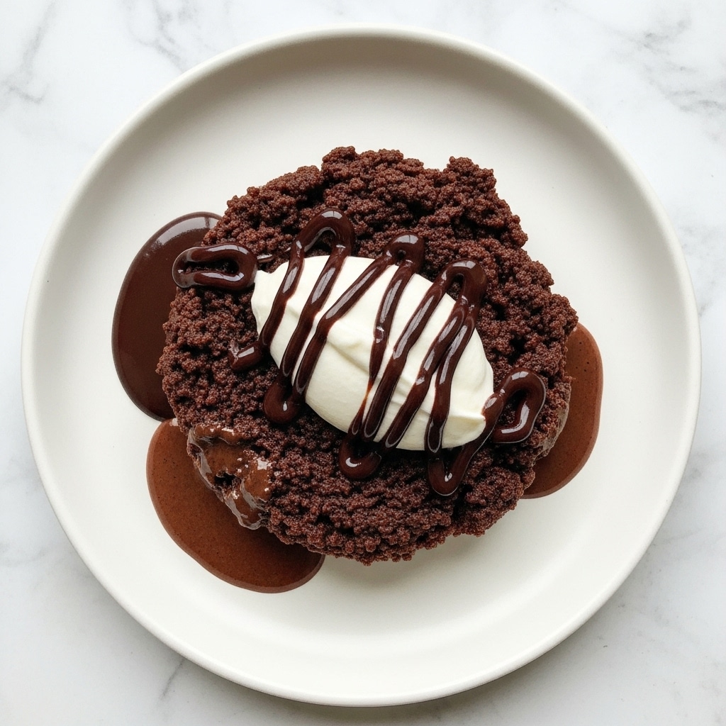 A white plate holds a rich, dark brown chocolate dessert with a rough, moist texture, appearing gooey and melted in some parts, especially near the edges where melted chocolate pools. On top, there is a smooth dollop of white cream, slightly glossy, with dark brown chocolate sauce drizzled over it in a loose zigzag pattern. The plate sits on a white marbled texture background. photo taken with an iphone --ar 4:5 --v 7