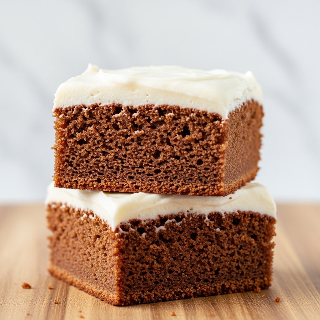 Two square pieces of a brown, moist cake are stacked on a wooden board. The top piece has a thick layer of soft, white frosting that looks creamy and smooth. The cake's texture shows small air holes and a slightly crumbly surface, contrasting with the frosting’s smoothness. The background is a white marbled texture. photo taken with an iphone --ar 4:5 --v 7