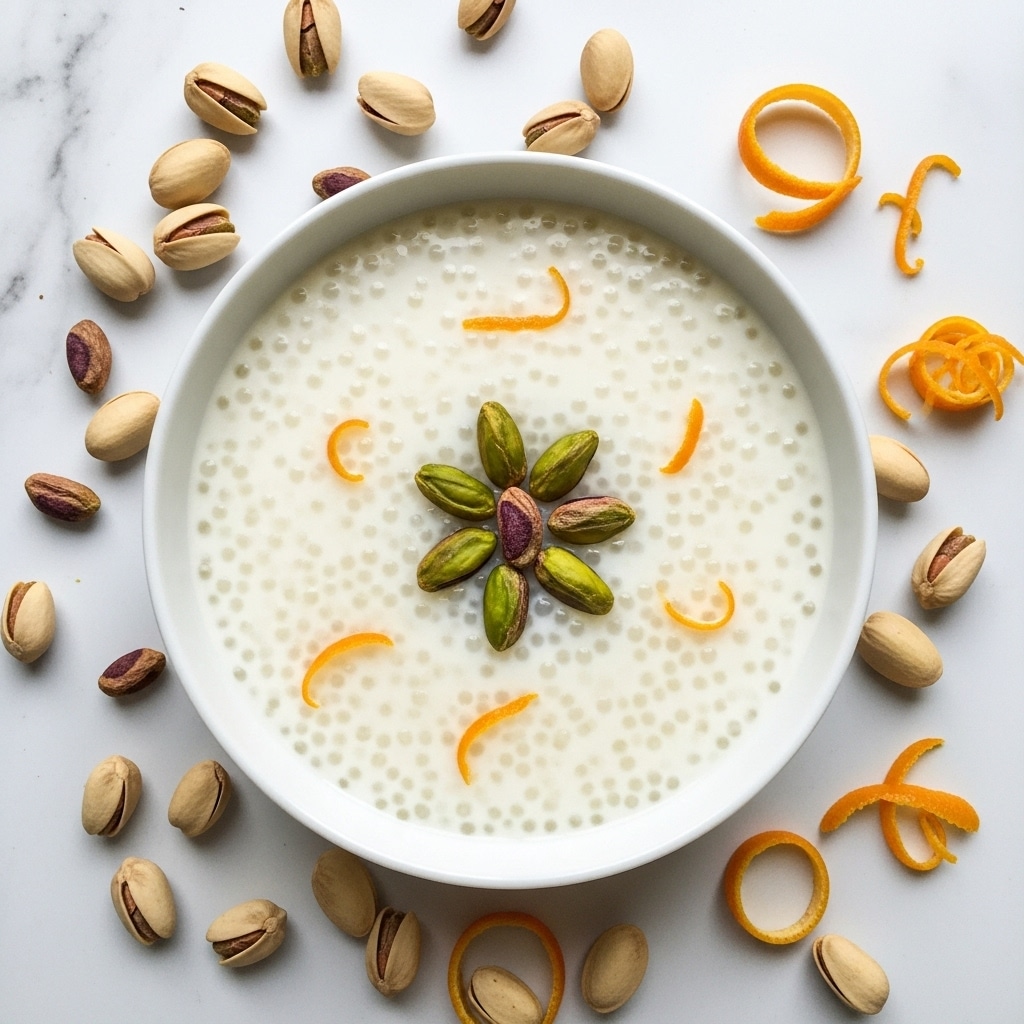 A white bowl filled with a thick, creamy white pudding that has a glossy, smooth texture with small tapioca pearls visible. On top, there is a circle of whole green pistachios arranged in a flower shape. Around the bowl, on a white marbled surface, there are scattered whole and shelled pistachios and small pieces of bright orange zest peel. Photo taken with an iphone --ar 4:5 --v 7