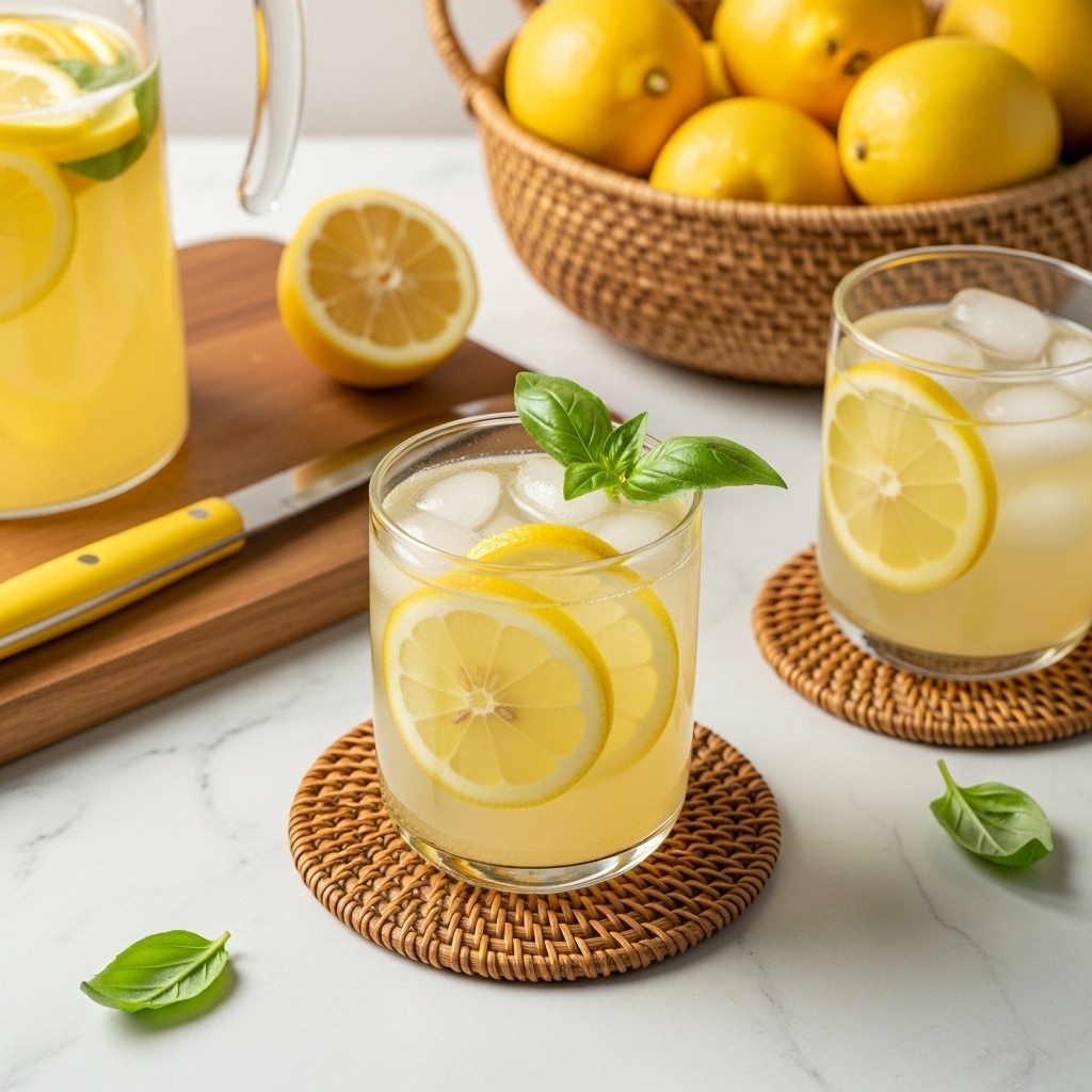 A clear glass filled with light yellow lemonade holding three thin lemon slices pressed against the inside, topped with ice cubes and a small fresh basil leaf bunch resting on the rim, placed on a round woven coaster on a white marbled surface. To the right, there is another clear glass with lemon slices inside on a similar coaster, and in the background, a woven basket filled with whole lemons adds a warm texture. To the left, part of a clear pitcher filled with more lemonade and lemon slices sits on a wooden cutting board holding a yellow-handled knife, with a few loose basil leaves scattered around. The scene is bright and fresh, capturing a summer drink setup. photo taken with an iphone --ar 4:5 --v 7