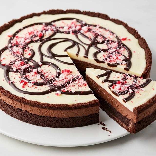 A round tart with a thick, dark brown crust has three visible layers. The bottom layer is dense and chocolatey, the middle layer is smooth and dark brown, and the top layer is creamy white with dark chocolate swirls creating an abstract, looping pattern. Crushed red and white peppermint pieces are scattered generously across the top, adding a textured look and a pop of color. One slice is cut and slightly pulled out, showing the clean edges of each layer. The tart is placed on a flat white plate sitting on a white marbled surface. photo taken with an iphone --ar 4:5 --v 7