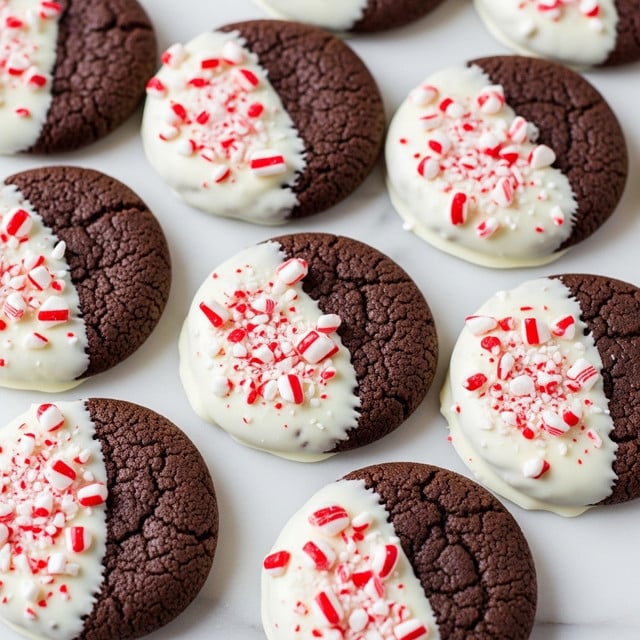 The image shows several round, dark brown chocolate cookies on a white marbled surface. Each cookie is partly coated on one half with a smooth layer of white chocolate. On top of the white chocolate, small pieces of crushed red and white candy cane are scattered, adding a rough texture and bright color contrast. The cookies have a slightly cracked surface showing their soft texture inside, and the arrangement is close together, filling the frame. Photo taken with an iphone --ar 4:5 --v 7