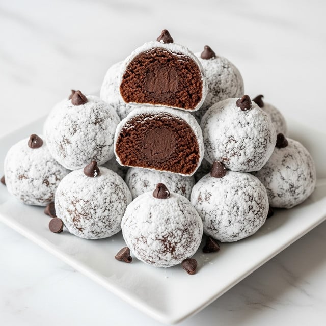 A white square plate holds a pile of round bite-sized treats covered in a thick layer of white powdered sugar, with a few small dark chocolate chips scattered around and lightly embedded in the powdered coating. One treat is cut in half and placed on top of the others, showing a smooth, dense, dark brown interior with a soft texture. The treats have a rough and uneven surface under the powdered sugar, giving them a crunchy look. The plate sits on a white marbled texture. photo taken with an iphone --ar 4:5 --v 7