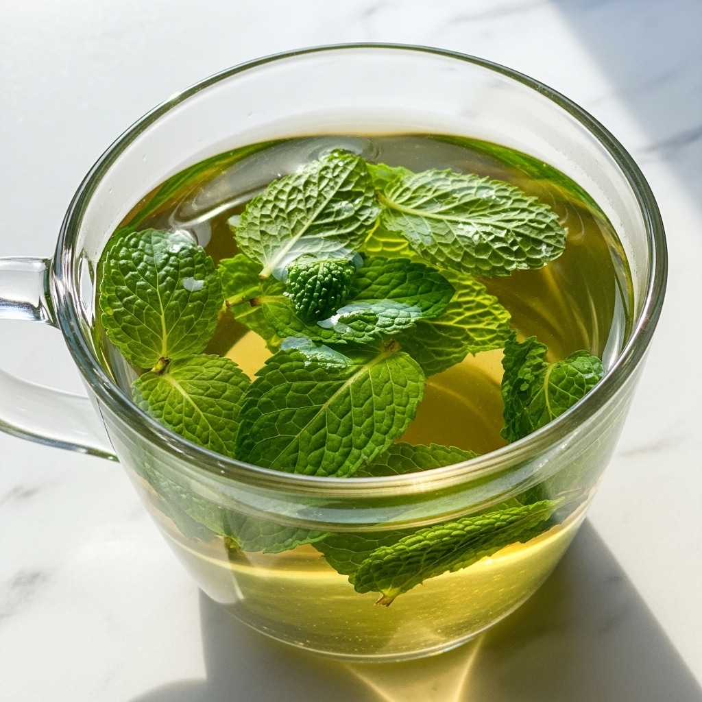 A clear glass cup filled with light yellow-green tea, with fresh green mint leaves floating inside and submerged in the liquid, showing details of the leaf veins. The cup has a transparent handle on the left side, and it is placed on a white marbled surface. The light shining on the tea makes the leaves look fresh and the tea warm. photo taken with an iphone --ar 4:5 --v 7