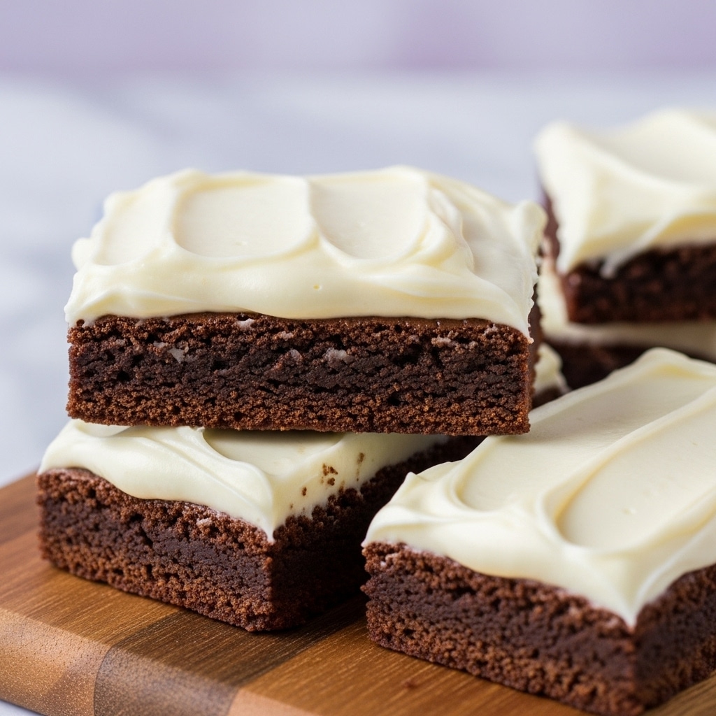 The image shows a close-up of three rectangular chocolate brownies placed on a wooden board. Each brownie has a thick layer of white creamy frosting spread on top, with the frosting layer smooth but with soft peaks and swirls. The brownies have a dark brown, slightly crumbly texture, and two brownies are stacked slightly on each other in the center while another sits beside them. The background is softly blurred, showing a light purple color with a white marbled texture surface beneath the wooden board. Photo taken with an iphone --ar 4:5 --v 7