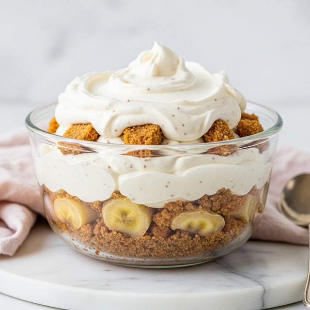 A clear glass bowl holds a dessert made of roughly three layers; the bottom layer shows a crumbly, golden-brown crust with soft, pale yellow chunks indicating baked bananas or banana pudding, followed by a thick layer of creamy white whipped topping with small brown specks, which could be cinnamon or vanilla, that looks fluffy and smooth, and scattered pieces of the crust mixed within. The top layer is another generous dollop of the white cream with visible texture, giving the dessert a soft and light appearance. The bowl is placed on a white marbled surface with part of a light pink and white linen napkin visible nearby. Photo taken with an iphone --ar 4:5 --v 7