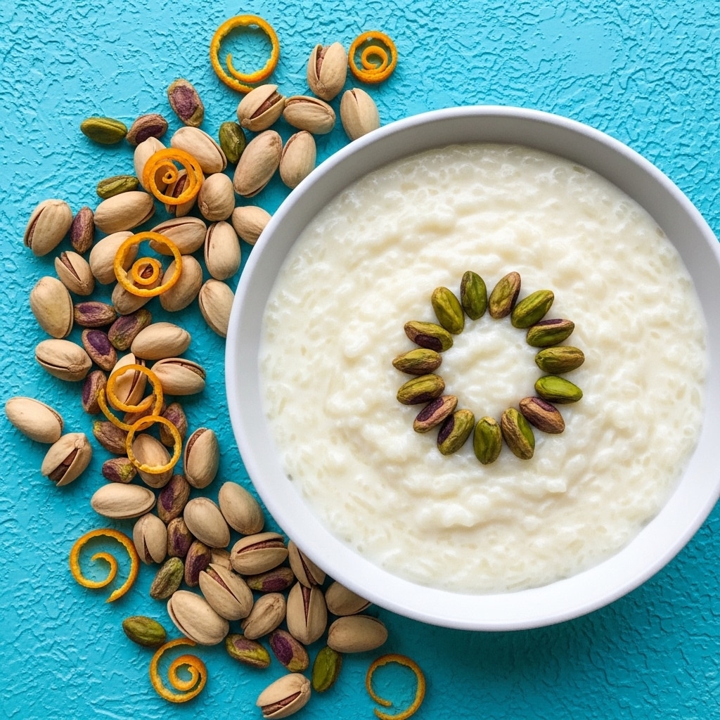 A white bowl filled with thick, creamy white rice pudding that has a smooth, slightly bumpy texture. On top, a circle of whole green pistachios forms a simple decoration at the center. Around the bowl, scattered on a bright turquoise textured surface, are whole pistachios in shells, shelled pistachios, and small orange peel curls. The overall colors are white, green, and orange, with good lighting showing a soft shine on the pudding. Photo taken with an iphone --ar 4:5 --v 7