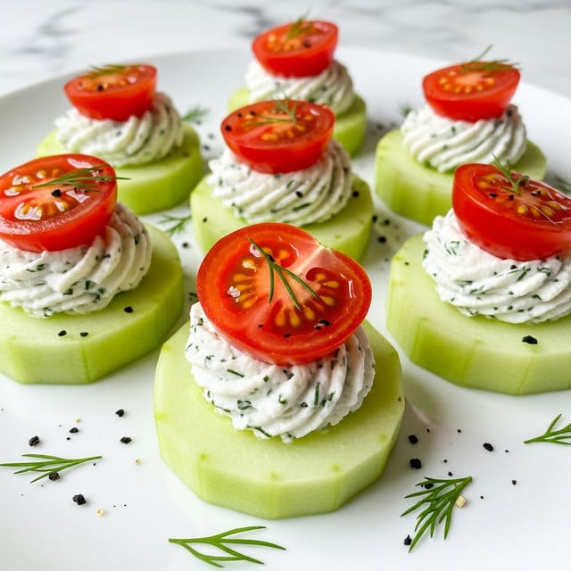 Round slices of light green cucumber form the base, each topped with a swirl of creamy white cheese mixture with specks of herbs, creating a textured, soft layer in the middle. On top of the cheese, there is a bright red half cherry tomato slice with visible seeds, adding a fresh and juicy look. Small black seasonings are sprinkled gently over each piece and around them on a white plate with a few thin green dill sprigs scattered loosely, all set on a white marbled surface. photo taken with an iphone --ar 4:5 --v 7