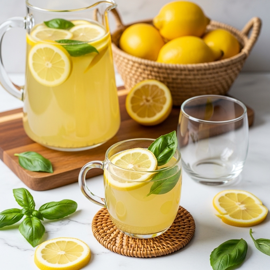 A clear glass pitcher filled with pale yellow lemonade, visible slices of lemon inside, sits on a wooden board. In front, a clear glass cup with two lemon slices and a few dark green basil leaves on top of the drink rests on a round wicker coaster. To the right and slightly back, there is an empty clear glass cup, also with a lemon slice inside. Behind the pitcher sits a woven basket holding a few whole yellow lemons. Around the scene, scattered green basil leaves and thin lemon slices lay on a white marbled surface. photo taken with an iphone --ar 4:5 --v 7