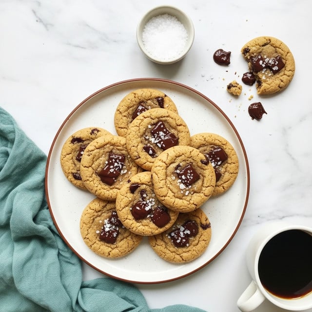 A round white plate with a brown rim holds a pile of seven golden-brown chocolate chip cookies, each with melted dark chocolate chunks and sprinkled lightly with coarse salt. One cookie rests on the white marbled surface near the top right corner along with small smudges of melted chocolate. A small white bowl filled with coarse salt sits above the plate. In the bottom right, a white cup filled with black coffee is partly visible, and a teal cloth is draped in the bottom left corner. The whole scene is set on a white marbled surface. photo taken with an iphone --ar 4:5 --v 7