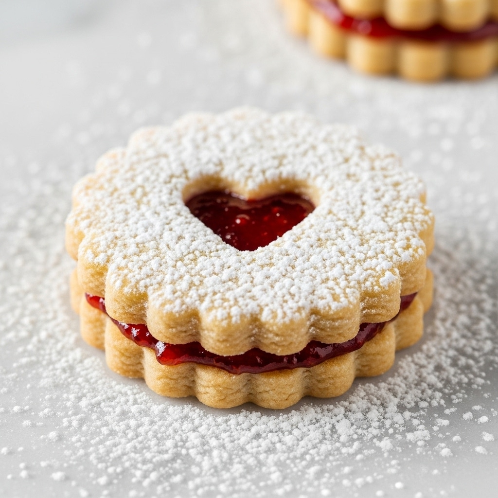 The image shows a close-up of a round cookie with scalloped edges, dusted heavily with white powdered sugar. The cookie has two layers: the bottom layer is a solid light golden-brown cookie base, and the top layer is a similar cookie with a heart-shaped cutout in the center. The red jam filling underneath is visible through this heart-shaped hole, giving a shiny, textured contrast to the powdered sugar. The cookie rests on a white marbled surface sprinkled lightly with powdered sugar. photo taken with an iphone --ar 4:5 --v 7