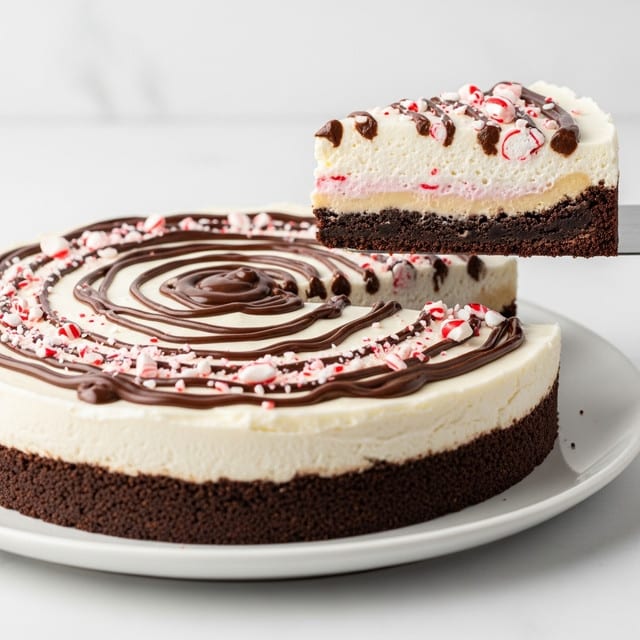 A round pie with three visible layers sits on a white plate over a white marbled surface. The bottom layer is a thick, dark brown crust with a crumbly texture, forming the sturdy base. Above it is a smooth, creamy white layer that looks soft and glossy. The top layer is decorated with thin, dark brown swirls of chocolate sauce spread unevenly across the white cream, and small pieces of broken candy canes scattered all over, adding a mix of white and red colors and a crunchy texture. One slice is lifted above the pie by a metal spatula, clearly showing the same three layers with the candy cane pieces on top. Photo taken with an iphone --ar 4:5 --v 7