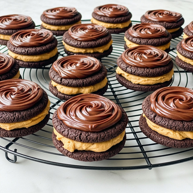 The image shows multiple round chocolate cookies with three clear layers, arranged on a round black wire cooling rack over a white marbled surface. The bottom layer is a dark, textured chocolate cookie base. The middle layer is a light tan, creamy peanut butter filling that is thick and slightly crumbly. The top layer is a smooth, glossy, dark chocolate ganache spread evenly in a circular swirl pattern. Each cookie has these distinct layers and is closely placed next to one another, filling the wire rack. Photo taken with an iphone --ar 4:5 --v 7