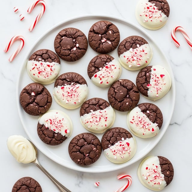 A white round plate on a white marbled surface holds eleven dark brown chocolate cookies, some are plain and some dipped halfway in glossy white chocolate coating. The white chocolate is sprinkled with small red and white crushed candy canes. There is a spoon on the plate with some white chocolate spread, and pieces of candy cane are scattered around. The cookies have a cracked, soft texture, and the white chocolate coating is smooth and shiny, contrasting with the rough cookie surface. photo taken with an iphone --ar 4:5 --v 7