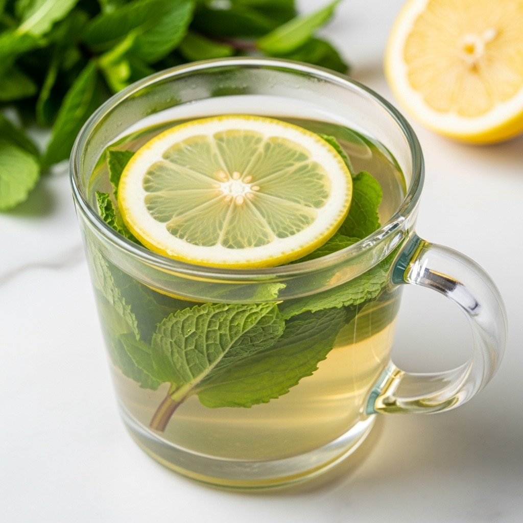 A clear glass cup filled with light yellow tea shows three main layers: a thin lemon slice floating on top with its pale yellow peel and soft moist texture, fresh bright green mint leaves partly submerged beneath the lemon, and the transparent tea liquid that fills the rest of the cup revealing some mint stems inside. The cup has a clear handle on the right and sits on a white marbled surface. In the background, some fresh green mint leaves and a lemon wedge are slightly blurred. Photo taken with an iphone --ar 4:5 --v 7