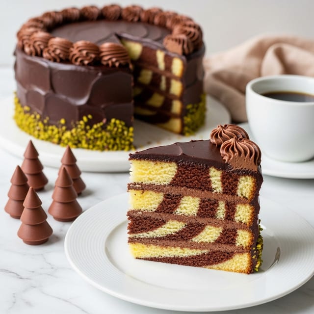A slice of layered zebra cake sits on a white plate, showing five layers of alternating light yellow and chocolate brown cake with smooth chocolate frosting between each layer and on top; the frosting on the side of the slice is slightly uneven with a textured look. Behind the slice, there is the remaining round cake on another white plate, covered in dark chocolate frosting with swirl patterns and a ring of crushed green pistachios around its base. To the left, four small brown Christmas tree decorations are placed on a white marbled surface, and to the right, a white cup of coffee sits with a light brown cloth nearby. Photo taken with an iphone --ar 4:5 --v 7