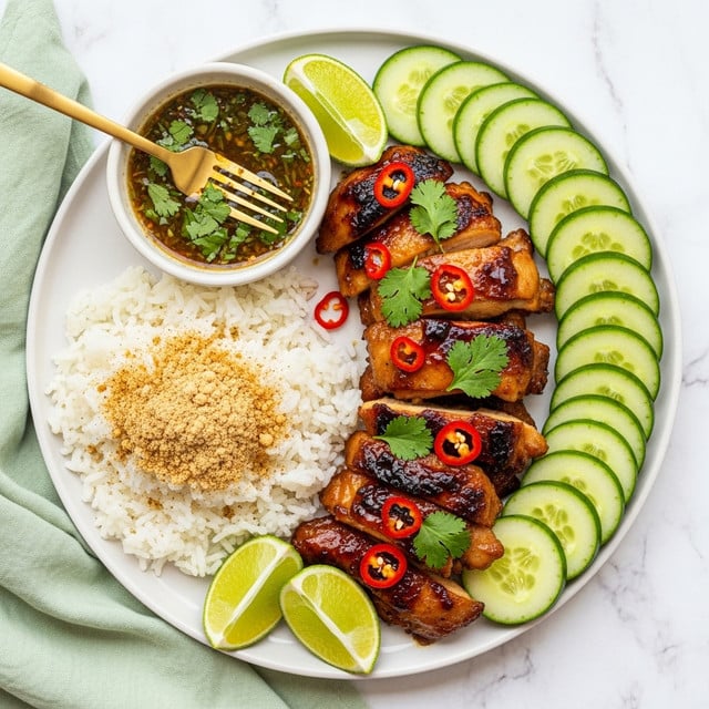 A white plate holds a layered dish starting with a base of white rice topped with sprinkled light brown powder, placed on the left side. Next to the rice on the right is a neat row of thin, round cucumber slices, pale green with darker edges. The main part of the plate features shiny, dark brown grilled chicken pieces stacked in the center and right side, glazed and garnished with small red chili slices and bright green cilantro leaves. Around the chicken are lime wedges with vibrant green skin, placed toward the plate edge. A small white bowl filled with a greenish-brown dipping sauce decorated with herbs sits on the top left of the plate, with a gold fork resting inside it. The background is a white marbled texture with a light green cloth visible at bottom left. photo taken with an iphone --ar 4:5 --v 7