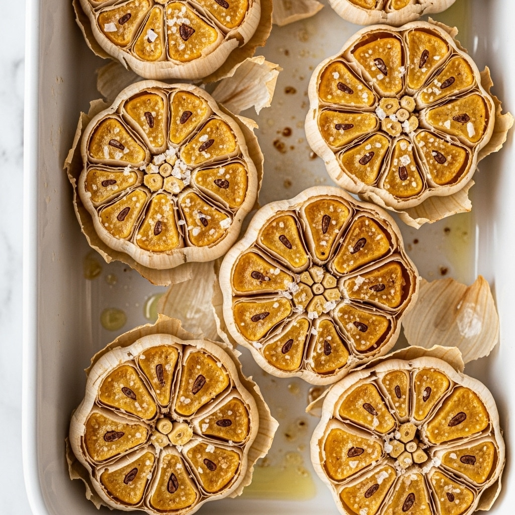 Several roasted garlic bulbs sit in a white baking dish on a white marbled surface. Each bulb is cut in half horizontally, showing golden-brown caramelized cloves arranged in a circular pattern. The cloves have a soft, slightly shriveled texture with browned spots indicating roasting. Some have small bits of salt sprinkled on top, and there is a light layer of oil pooling around the bulbs. The garlic skins are a light tan color, curling slightly at the edges, and the overall scene has a warm, inviting look. photo taken with an iphone --ar 4:5 --v 7