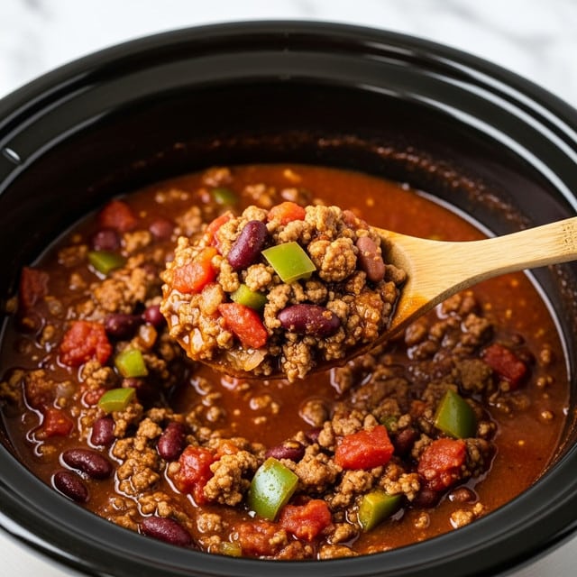 A close-up view shows a thick, hearty chili inside a black slow cooker. The chili is rich red and brown with visible chunks of ground meat, kidney beans, diced tomatoes, and small pieces of green bell pepper. The texture looks chunky and saucy. A wooden spoon dips into the chili, lifting a rounded scoop full of the mixture, showing the mix of colors and textures clearly. The slow cooker edges surround the chili, and the background is a white marbled texture. Photo taken with an iphone --ar 4:5 --v 7