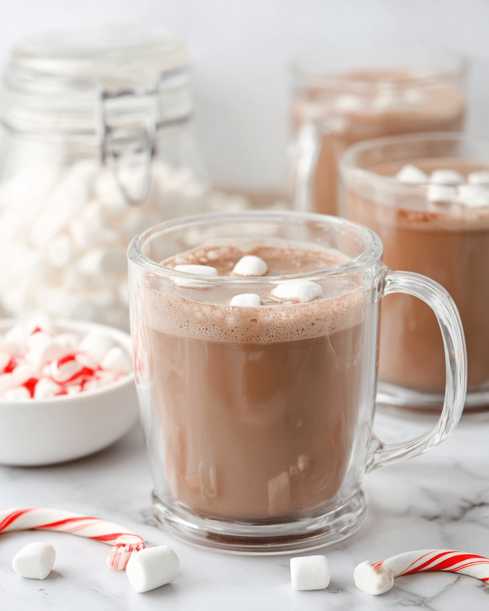 A clear glass mug filled with light brown hot chocolate topped with small white marshmallows floating on the surface; behind it, two more clear glass mugs also hold hot chocolate with marshmallows. Scattered around the mugs on a white marbled surface are mini white marshmallows and red and white striped peppermint candies. In the background, a glass jar with a metal clasp contains more marshmallows, and a white bowl holds additional peppermint candies. The scene is bright and clean, with soft lighting enhancing the creamy texture of the drink. photo taken with an iphone --ar 4:5 --v 7