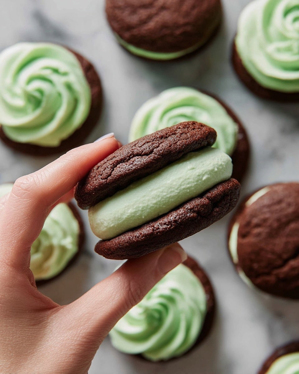 A close-up image of a woman's hand holding a chocolate sandwich cookie with two dark brown, soft-looking cookie layers and a thick layer of smooth, light green cream filling in the middle. The background shows several more sandwich cookies, some with only one dark brown cookie base topped with the same pale green cream swirled on top. The cookies are placed on a white marbled texture surface. The lighting highlights the creamy texture and slightly cracked surface of the cookies. photo taken with an iphone --ar 4:5 --v 7