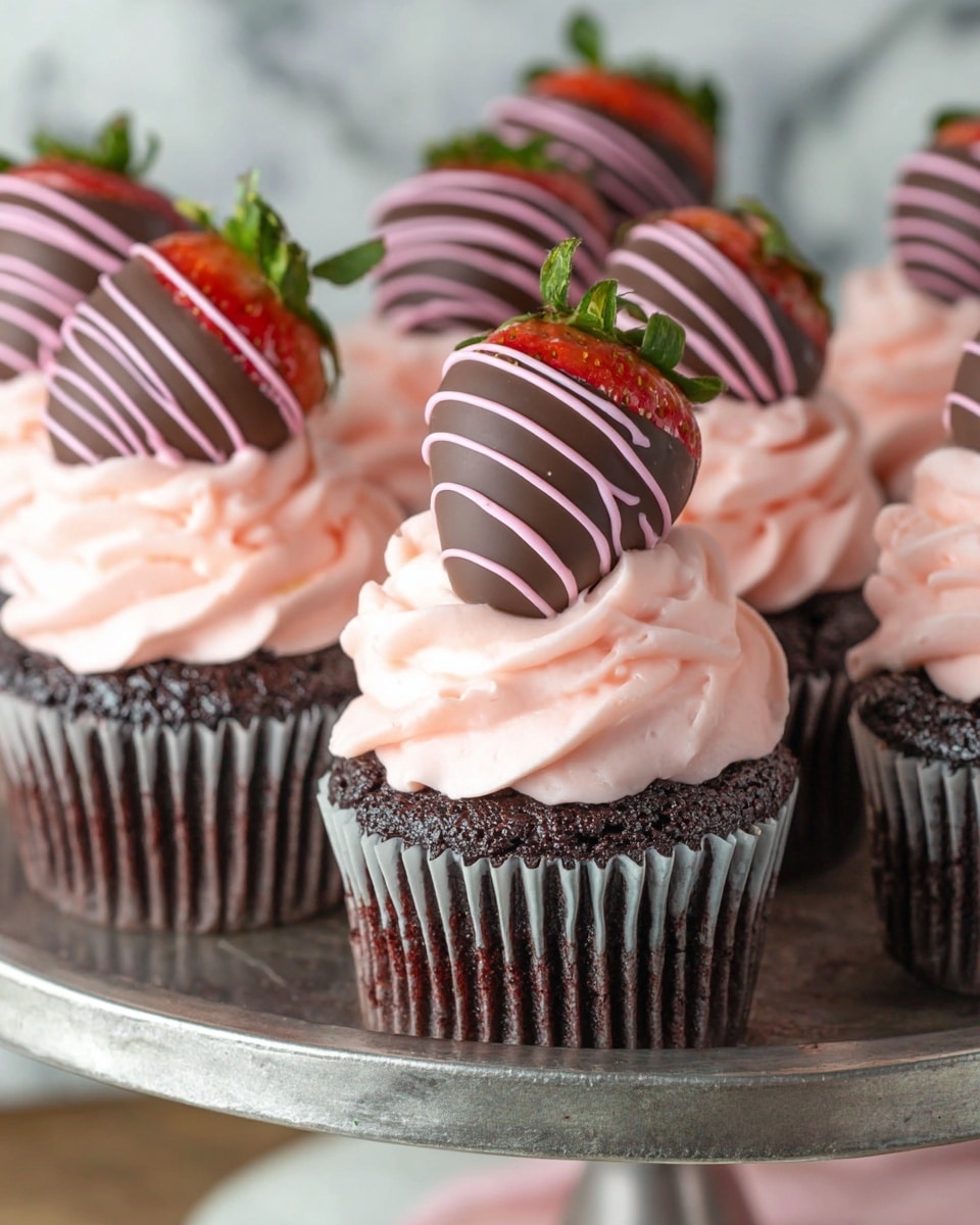 A group of chocolate cupcakes sit on a round metal stand, each cupcake showing two clear layers: the bottom is dark, moist chocolate cake with a slightly crinkled texture, and on top is a tall, smooth swirl of light pink frosting with soft peaks. Each cupcake is decorated with a whole strawberry dipped in dark chocolate, striped with thin lines of light pink icing, positioned upright in the center of the frosting. The background has a white marbled texture. photo taken with an iphone --ar 4:5 --v 7