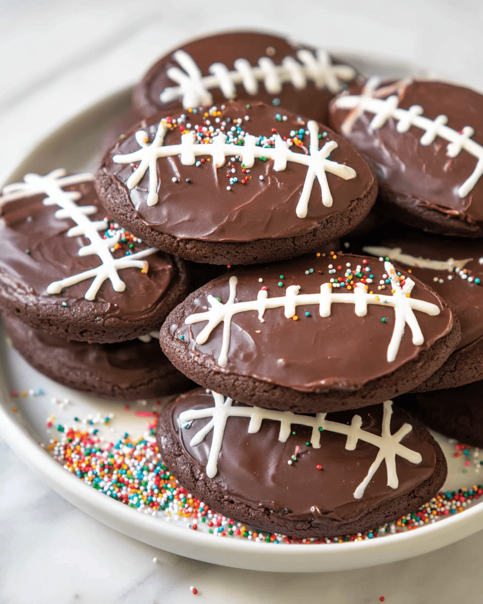 A stack of chocolate cookies shaped like footballs sits on a white plate, each cookie covered in a smooth layer of dark brown chocolate frosting. The football shapes are defined by white icing laces in the center with short horizontal lines, and curved white icing lines on each end mimicking the seams of a football. The cookies rest on a bed of small, round, multicolored sprinkles that are scattered lightly around the plate’s surface, which has a white marbled texture. The rich chocolate bases create a contrast with the bright white icing details and colorful sprinkles. photo taken with an iphone --ar 4:5 --v 7