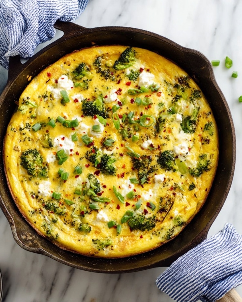 A golden yellow frittata in a dark cast iron skillet with slightly brown edges, topped with green broccoli florets and chopped green onions scattered evenly over the surface. Small white dollops of soft cheese are spread on top, with a light sprinkling of red chili flakes adding tiny red specks. The skillet rests on a white marbled surface, with a blue and white striped cloth partially wrapped around the handle. Photo taken with an iphone --ar 4:5 --v 7