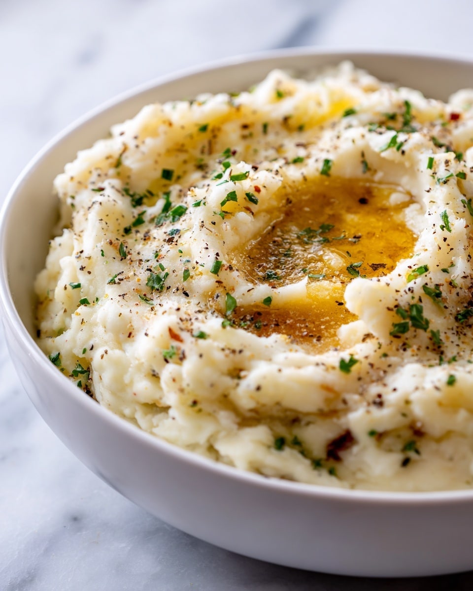 The image shows a close-up of a bowl filled with mashed potatoes. The potatoes have a creamy white texture with small bits of green herbs and red potato skin mixed in, giving it a varied color. There is a small well made in the center of the mash, filled with melted brown butter or gravy, which adds a shiny texture. Cracked black pepper is sprinkled lightly over the top. The bowl is white and placed on a white marbled surface photo taken with an iphone --ar 4:5 --v 7