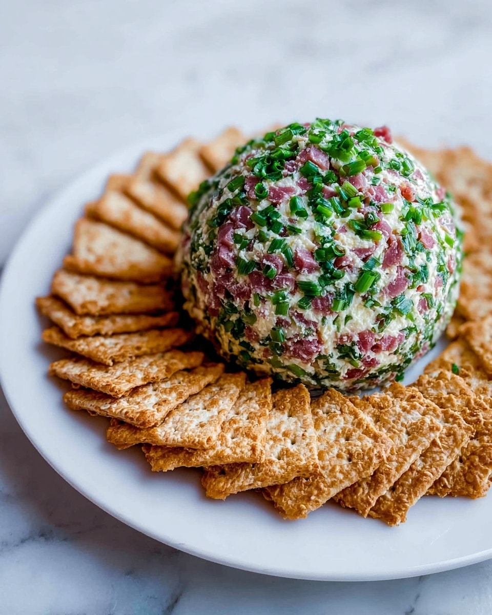 A round cheese ball covered with finely chopped green onions and bits of pinkish-red ham sits in the center of a white plate, surrounded by a ring of light brown crackers with a slightly rough texture. The cheese ball forms a single visible layer with its vibrant green and pink covering appearing fresh and moist. The plate rests on a white marbled surface, and soft natural light highlights the crunchy crackers and the glossy, textured ball. photo taken with an iphone --ar 4:5 --v 7