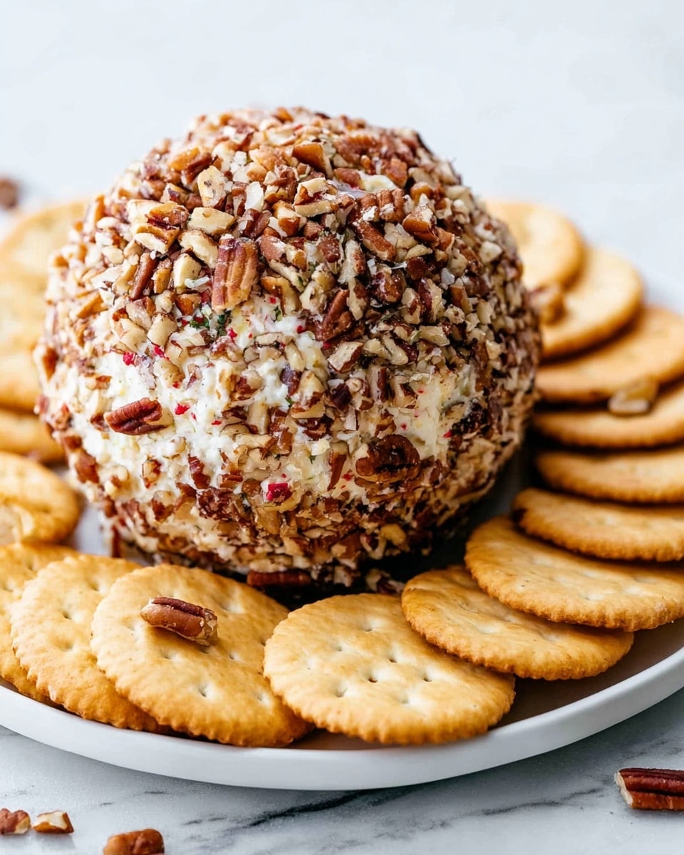A round cheese ball covered fully with small, uneven pieces of brown pecans, showing bits of white cheese peeking through and tiny red and green specks, sitting in the center of a white plate. The plate holds several golden-brown round crackers arranged around the cheese ball, all placed on a white marbled surface. The focus is on the detailed texture of the pecans and the smoothness of the crackers. Photo taken with an iphone --ar 4:5 --v 7