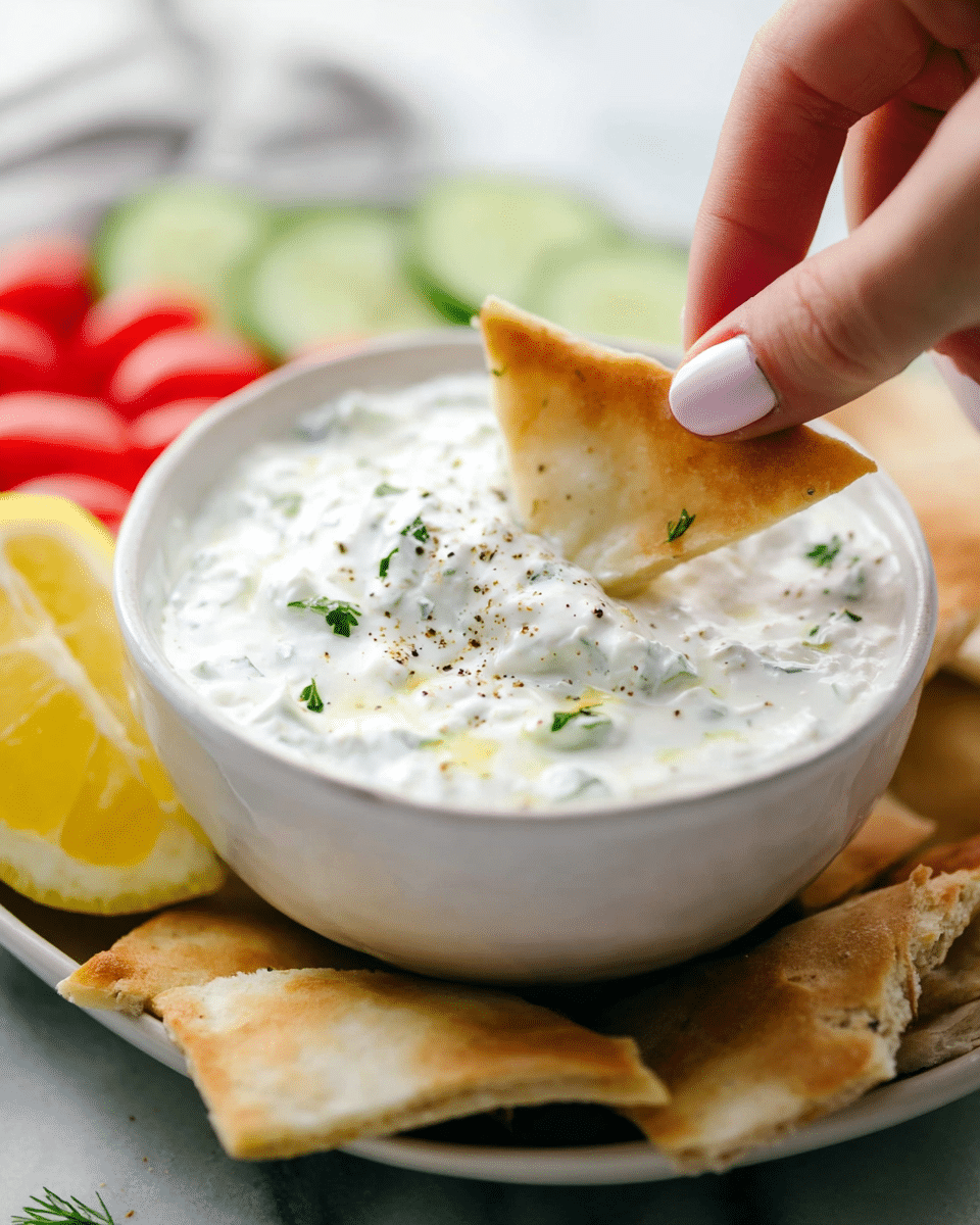 A close-up image showing a white bowl filled with a creamy, white dip flecked with small green herb bits and a light sprinkling of black pepper on top. A woman's hand with light pink nails is dipping a triangular piece of golden-brown pita bread into the thick dip. The bowl sits on a white plate with a lemon wedge and some additional pita pieces, placed on a white marbled surface. In the background, blurred slices of cucumber and red cherry tomatoes add soft green and red tones. Photo taken with an iphone --ar 4:5 --v 7