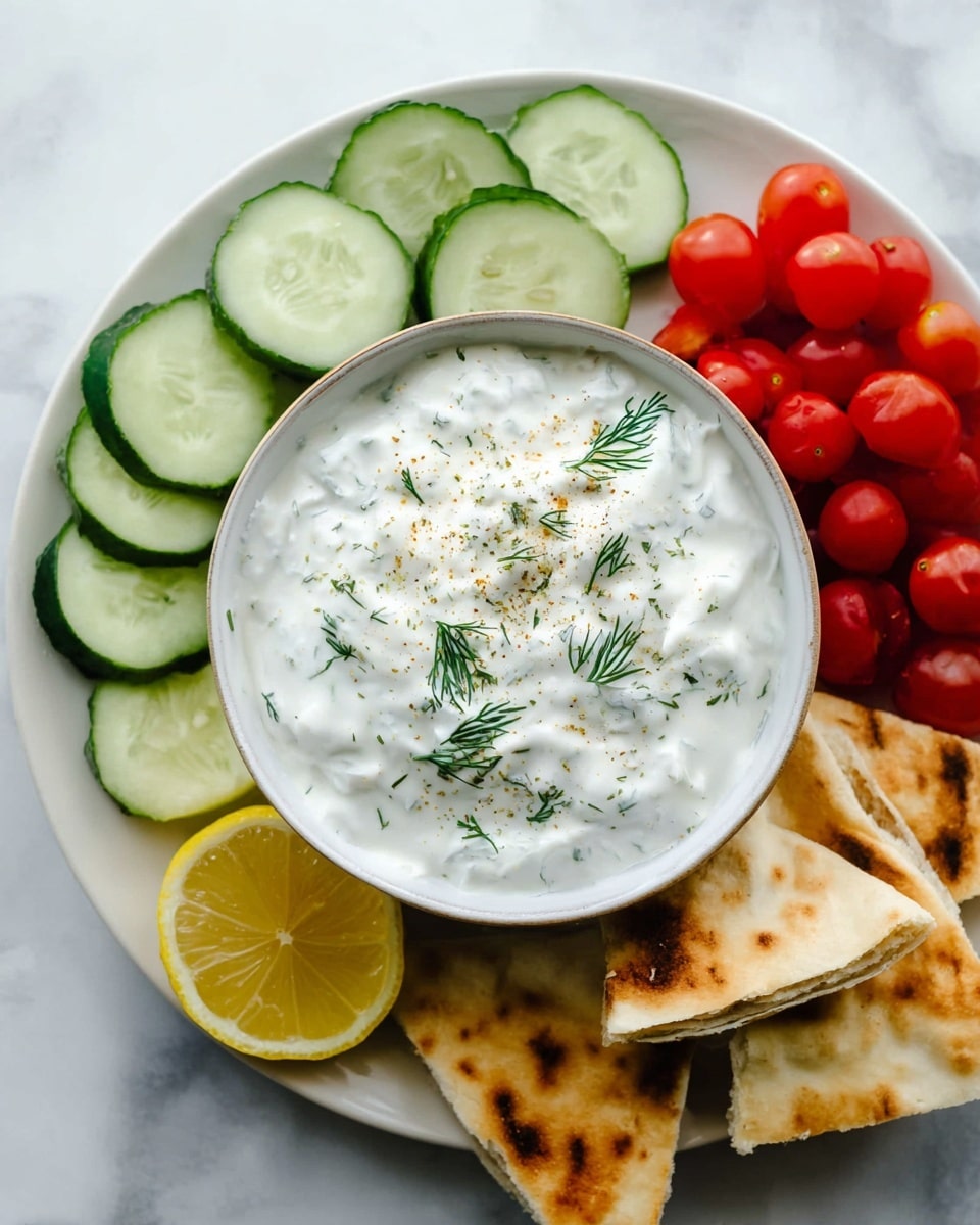 A white bowl filled with thick, creamy white tzatziki sauce topped with small green dill pieces and a light sprinkle of ground spices sits at the center of a white plate. Around the bowl are bright green cucumber slices arranged in a semi-circle at the top left, shiny red cherry tomatoes clustered to the right, and warm, toasted pita bread triangles with a light golden-brown color placed at the bottom right. A thin lemon slice peeks out from under the bowl on the left side. The plate is set on a white marbled surface. photo taken with an iphone --ar 4:5 --v 7